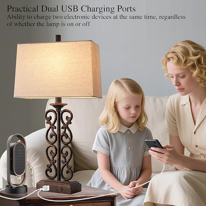 25" Farmhouse Touch Table Lamps for Living Room, 3 Way Dimmable Dual USB Ports, Vintage Rustic Bedside Table Lamp for Bedroom Bedside End Table, LED Bulbs Included