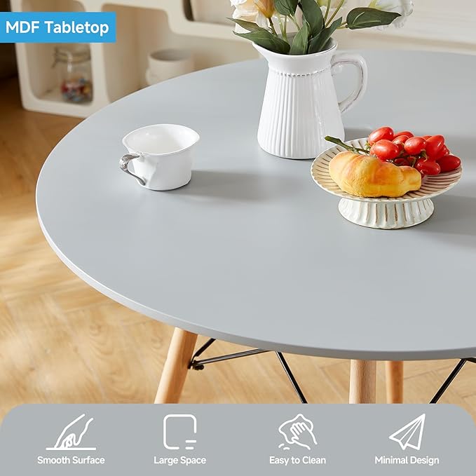 Round Dining Table Set for 4 31.5" Wood Dinner Table Circle Dining Table Kitchen Table Chairs Set of 4 with Wood Strip Base for Kitchen Living Room Space Saving Apartment(Grey)