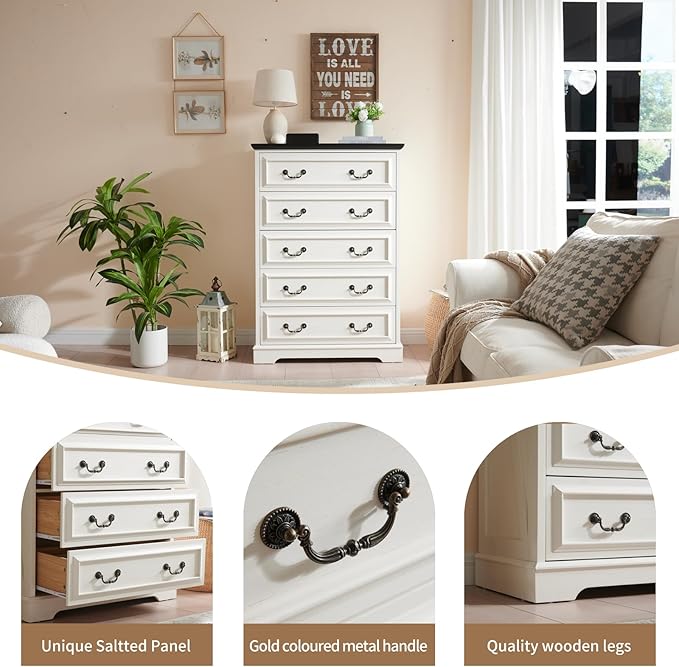 Farmhouse 5 Drawers Dresser for Bedroom, 46" Tall Modern Chest of Drawers with Metal Handle, Rustic Dresser TV Stand, Wood Drawer Organizer for Bedroom, Living Room, Hallway (White)