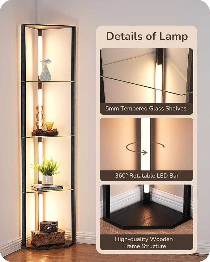 EDISHINE Modern Floor Lamp with Shelf, 5 Color Temperatures, 5-Tier Book Shelf with Light & Remote, Sturdy Floor Lamp for Living Room, Bedroom, Black