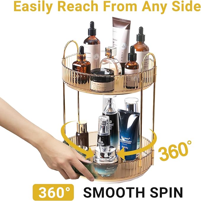 360 Rotating Gold Makeup Organizer,2 Tier Large Capacity Rotating Makeup Organizer,SkincarePerfume Organizer,Bathroom Cosmetics Storage Organizer Countertop (Gold-2 Tier)