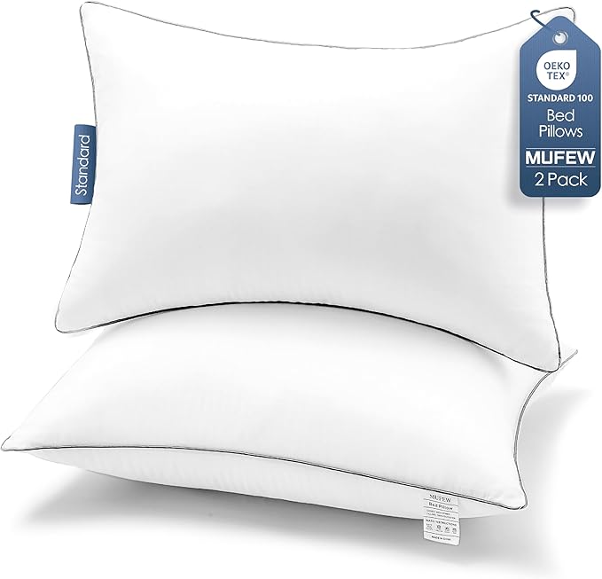 Standard Pillows Set of 2, Ultra Thick Down Alternative Bed Pillows,Cooling Hotel Quality Standard Pillow for Back, Stomach or Side Sleepers, Machine Washable (White,2 Pack)