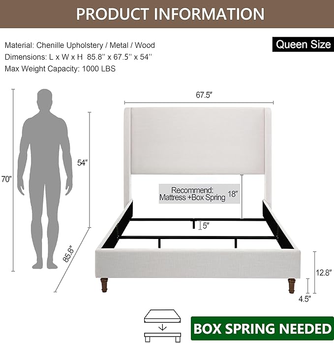 Queen Bed Frame with 54" Tall Wingback Headboard, Chenille Upholstery, Metal and Wood Support, Solid Wood Feet, Box Spring Required (Ivory White Chenille, Queen)