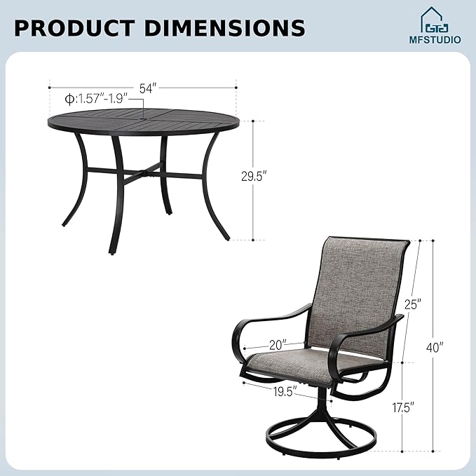 MFSTUDIO Patio Dining Set for 6, Round Patio Table and Chairs Set of 6 with Umbrella Hole, Outdoor Patio Furniture Set for Deck, Backyard, Poolside & Garden