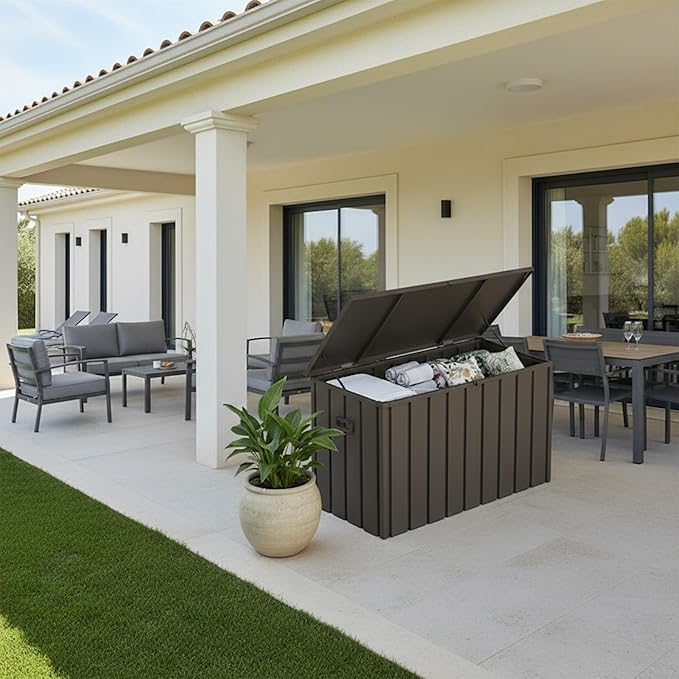 PURPLE LEAF Outdoor Deck Box 120 Gallon Waterproof Lockable Storage Box Container with Lid Deck Organization for Patio Cushions Side Table Pool Accessories Garden Tools, Brown