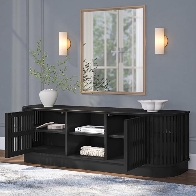 Plank+Beam Contour Wood TV Stand, Solid Wood Entertainment Console with Storage, 59" L x 16" W x 19" H, Black