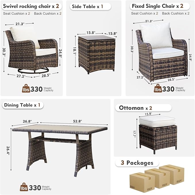 Outdoor Patio Furniture Set with Swivel Chairs, 8 Pieces Wicker Patio Conversation Set, Outdoor Patio Set with 2 Swivel Rocking Chair & 2 Single Chair, 2 Ottomans and Dining Table (Brown)