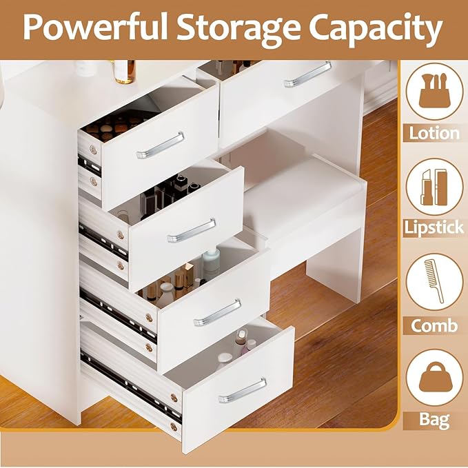 Dressing Table with Power Outlet for Hair Dryer, Phone Charging, Vanity Set with Miror and Lights, 5 Drawers and 6 Cabinets, Makeup Table for Girls, White