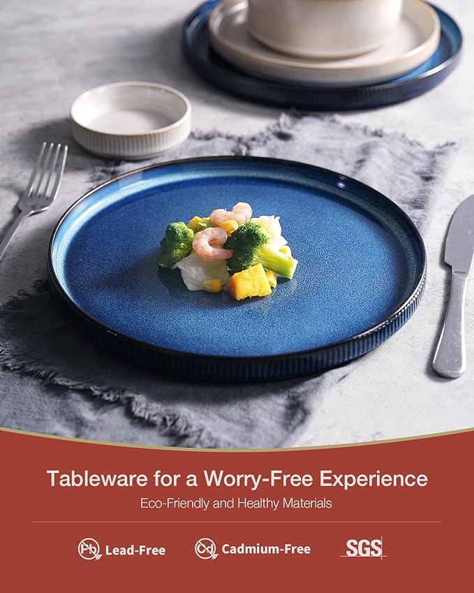 Famiware Star Dinnerware Set, Plates and Bowls Sets for 4 (12pcs), Ribbed Stoneware Dishes - Chip & Scratch Resistant, Microwave & Dishwasher Safe, Multicolor - Cappuccino White & Nebulas Blue