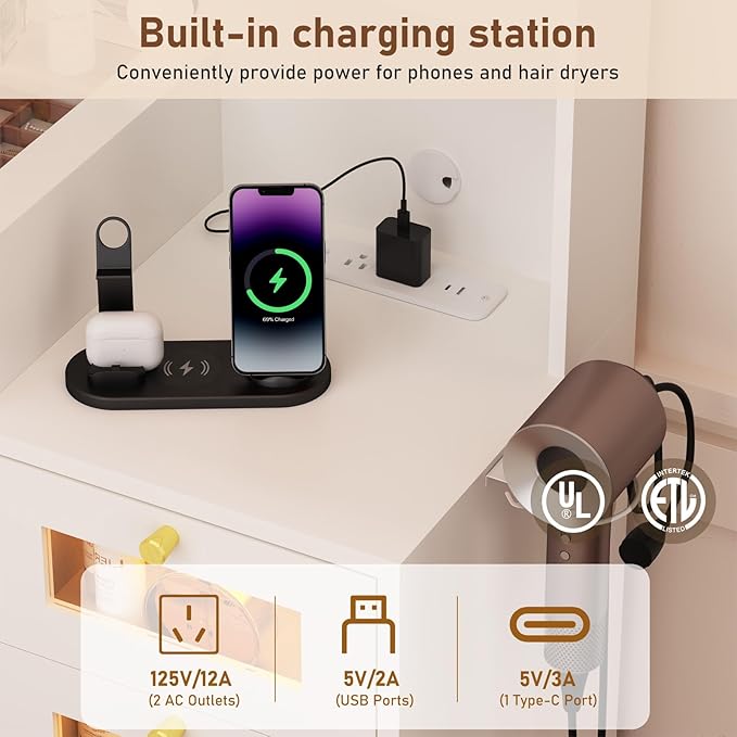 62" Large Makeup Vanity Desk with Mirror and Lights, Glass Top Vanity Table with Power Outlet & Lighted Glass Cabinet, 8 Drawers, Dressing Table with 3 Colors Lights for Bedroom Dressing Room, White