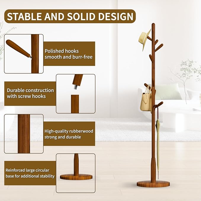 Solid Wood Round Base Coat Rack, Free Standing Hall Coat Tree with 8 Hooks（+2 spare for Coats, Hats, Bags, Purses, for Entryway, Hallway, Rubberwood Hooks,Base and Pole(Round Base,Brown)