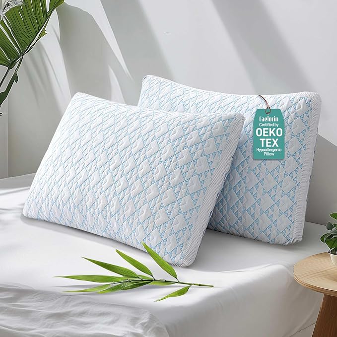 Shredded Memory Foam Cooling Soft Bamboo Viscose Pillows Queen Size Set of 2, Adjustable Hypoallergenic Hotel Quality Bed Pillows for Side, Stomach and Back Sleeper, Oeko-TEX Certified