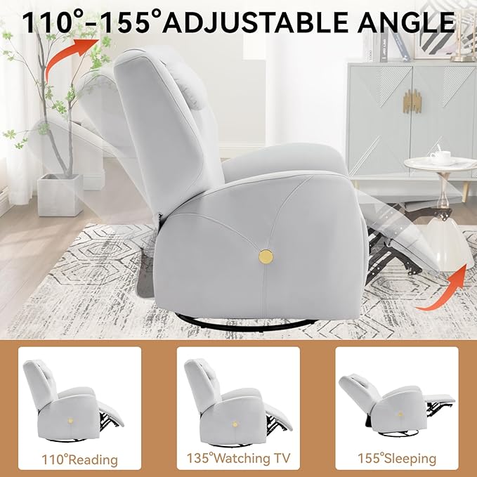Power Recliner Chairs for Women, 270° Swivel Recliner Rocker Chair with Charging Ports, Reclining Rocking Glider Chair for Nursery, Polyester Fabric White