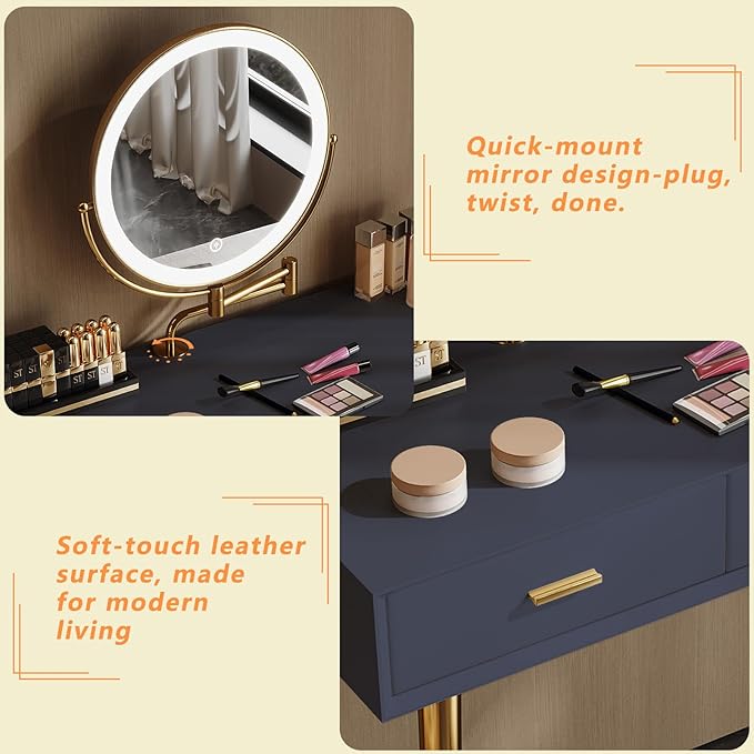 Vanity Desk with Adjustable Mirror and Lights, Makeup Desk with Drawers and Chair, Dressing Table Set with Leather Surface, Small Vanity Table for Bedroom, 3 Lighting Modes (Blue)
