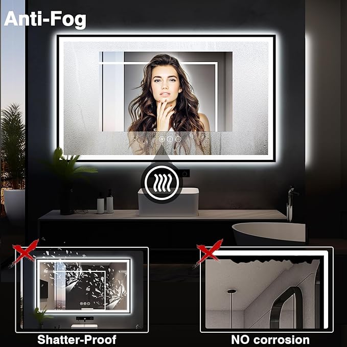 60x30 Large LED Bathroom Vanity Mirror - Black Aluminum Framed, Anti-Fog Illuminated, Stepless Dimmable, 3 Colors Smart (Horizontal/Vertical)