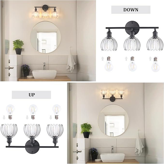 Bathroom Light Fixtures, 3-Light Black Vanity Wall Light Over Mirror with Clear Tulip Glass Shade for Bedroom Living Room