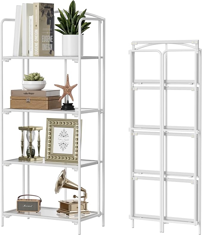 Crofy No Assembly Folding Bookshelf for Living Room, 4 Tier White Collapsible Book Shelf for Home Office, Portable Bookcase Storage Organizer