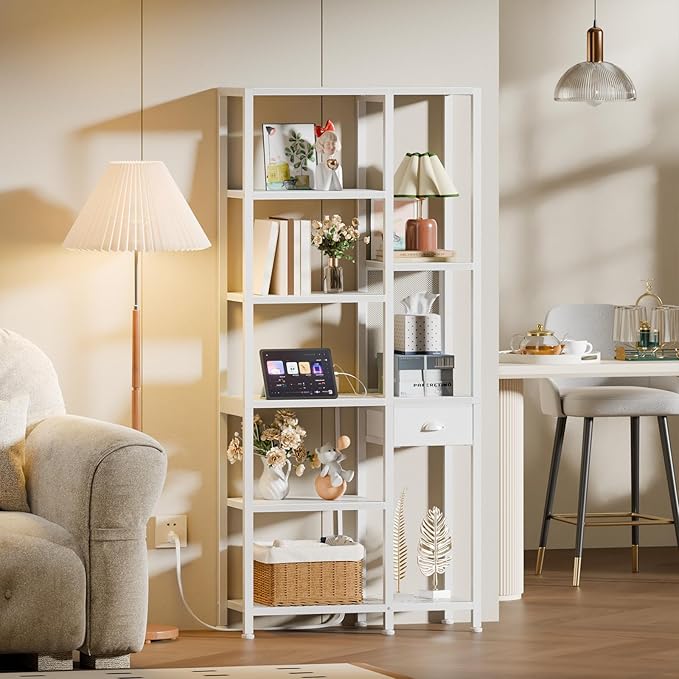 Furologee 6-Tier Bookshelf with Charging Station, Double Display Shelf with Drawer, Tall Freestanding Bookcase, Metal Open Book Shelf for Living Room, Bedroom, Home Office, White