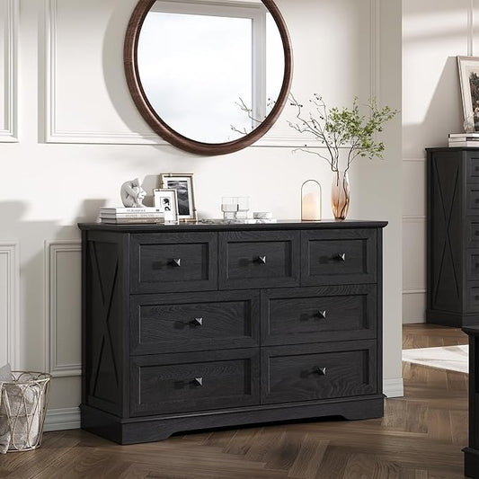 Farmhouse 7 Drawers Dresser for Bedroom with Charging Station, Wide Black 7 Chest of Drawers, Wood Dressers Organizer for Closet, Modern Storage Organizer Cabinet for Living Room,Hallway & Entryway﻿