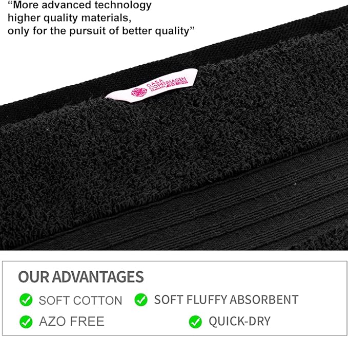 CASA COPENHAGEN Zero Twist, 6Pieces 100% Cotton Towel Set- Bright Black, 600 GSM, 2Bath, 2Hand, 2Washcloths Made from Egyptian Cotton, Ultra Soft Luxury Towels for Hotel Spa Kitchen Bathroom & Shower
