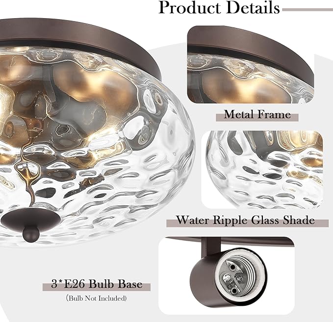 Darkaway Large Ceiling Light Fixtures, 3-Light Flush Mount Indoor Outdoor Ceiling Light with Water Ripple Glass Shade for Porch Hallway Kitchen Living Room Bronze Finish