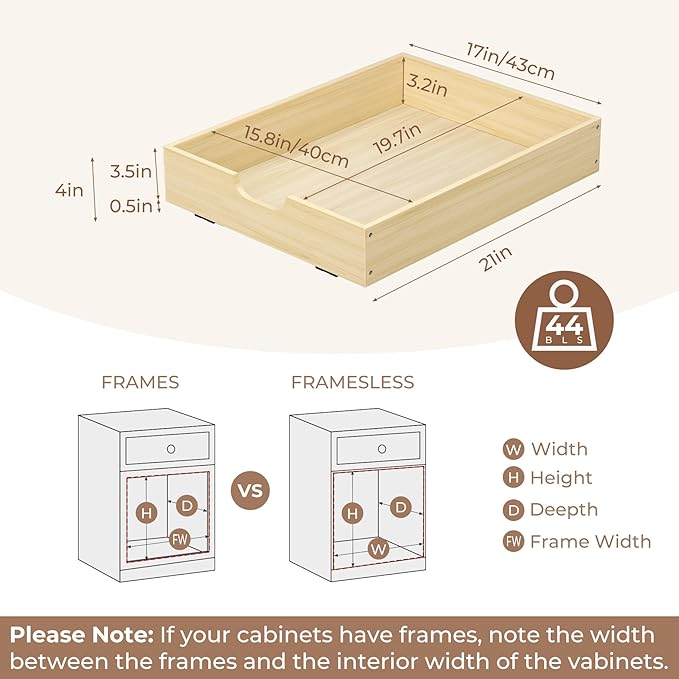 COOLBEBE Pull Out Cabinet Drawer, Soft Close Solid Wood Pull Out Organizer for Cabinet,17" W x 21" D Pull Out Shelves in Kitchen, Pantry, Bathroom