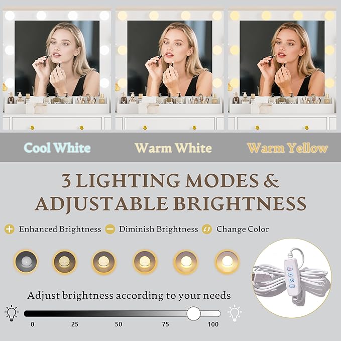 Vanity Desk with Mirror and Lights, Makeup Vanity Set with 3 Storage Drawers & Adjustable Shelves, Dressing Table with RGB Cabinets & Charging Station, 3 Lighting Modes for Women Kids Bedroom, White