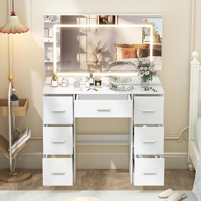Vanity Desk with Mirror and LED Lights, 40" W Makeup Vanity Desk with 7 Drawers and Super Large Mirror, Derssing Table with 3 Color Modes and Adjustable Brightness, Modern Makeup Table