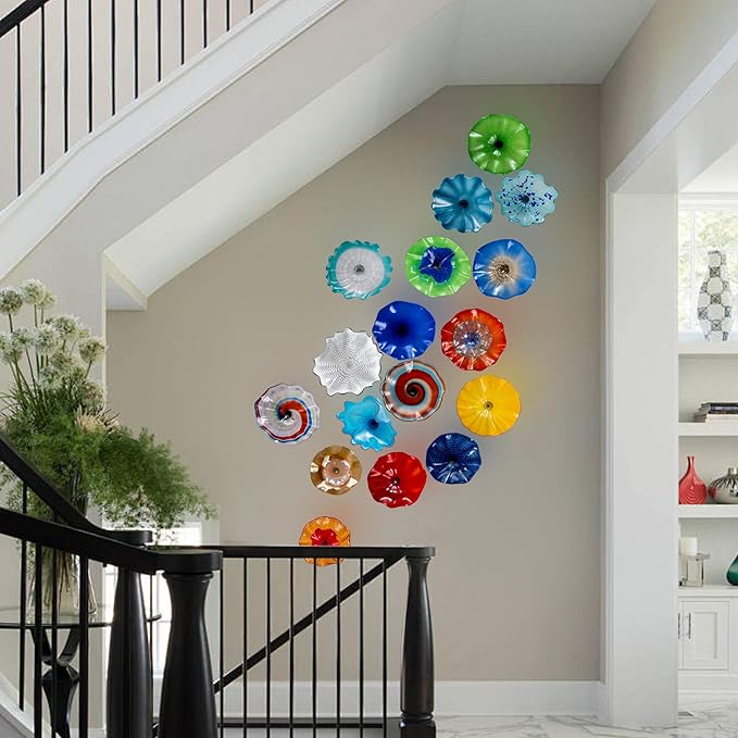 Hand Blown Glass Wall Plates Decor, Modern Unique Glass Wall Art, Murano Blown Glass Wall Art with Transparent and Easy to Clean for Staircase, Living Room, Kitchen, Hallway