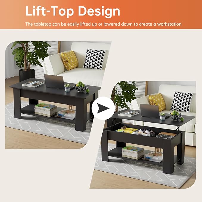 FDW 47" Lift Top Coffee Table with Hidden Large Storage Shelf and Compartment Lifted Wooden Dining Table for Living Room Home Office,Black