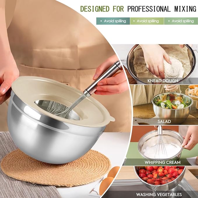 Mixing Bowls With Lids Set,Stainless Steel Mixing Bowls Set With 3 Grater,Metal Nesting Bowls For Kitchen Baking Refrigerator Meal Prep Food Storage Organizer,7 Size(Khaki)