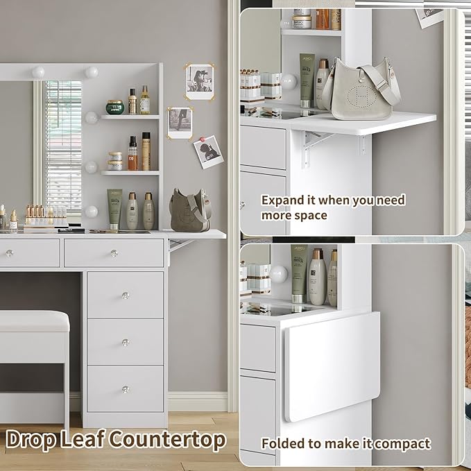 Vanity Desk & Power Outlet, Makeup Vanity with Mirror and 10 LED Lights, 3 Lighting Modes Brightness Adjustable, Makeup Table with 4 Shelves and Fold-up Panel, Vanity Set for Bedroom, White