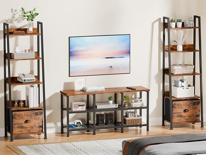Furologee TV Stand, Small Media Console Table with 3-Tier Storage Shelves, Industrial Entertainment Center for TVs up to 50 Inch, Television Stands for Living Room, Bedroom, Rustic Brown