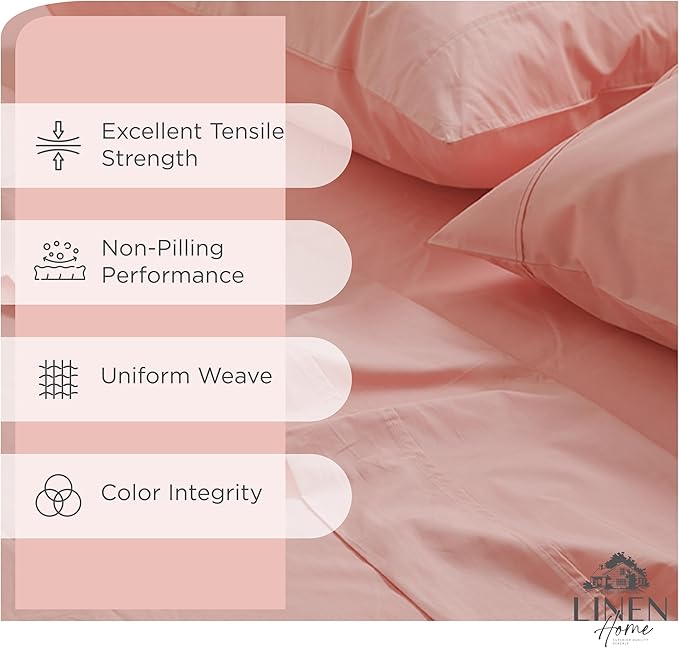 Linen Home 100% Cotton Percale Sheets Twin Size, English Rose, Deep Pocket, 3 Pieces Set - 1 Flat, 1 Deep Pocket Fitted Sheet and 1 Pillowcase, Crisp Cool and Strong Bed Linen