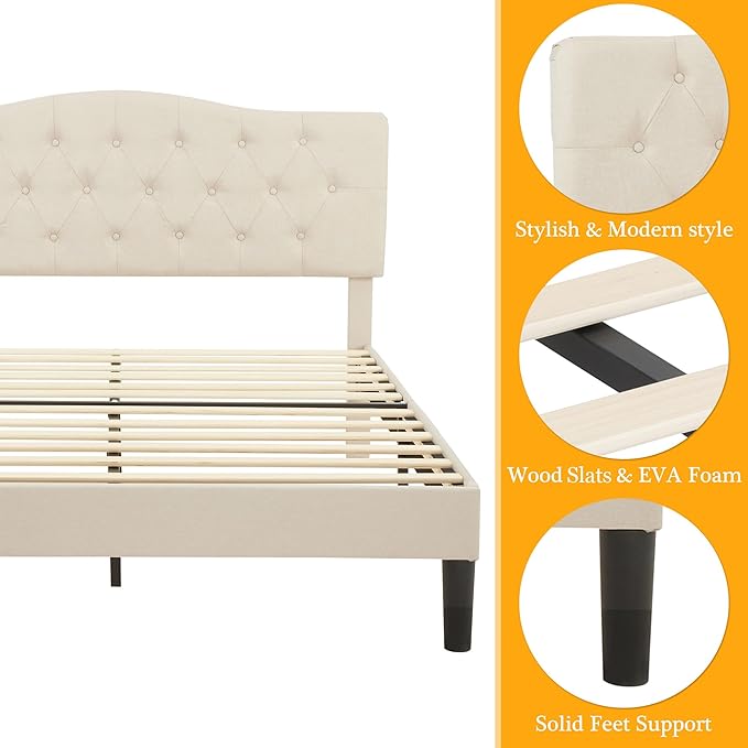 VECELO Queen Size Platform Bed Frame with Fabric Upholstered Headboard and Wooden Slats Support, No Box Spring Needed/Easy Assembly,Beige