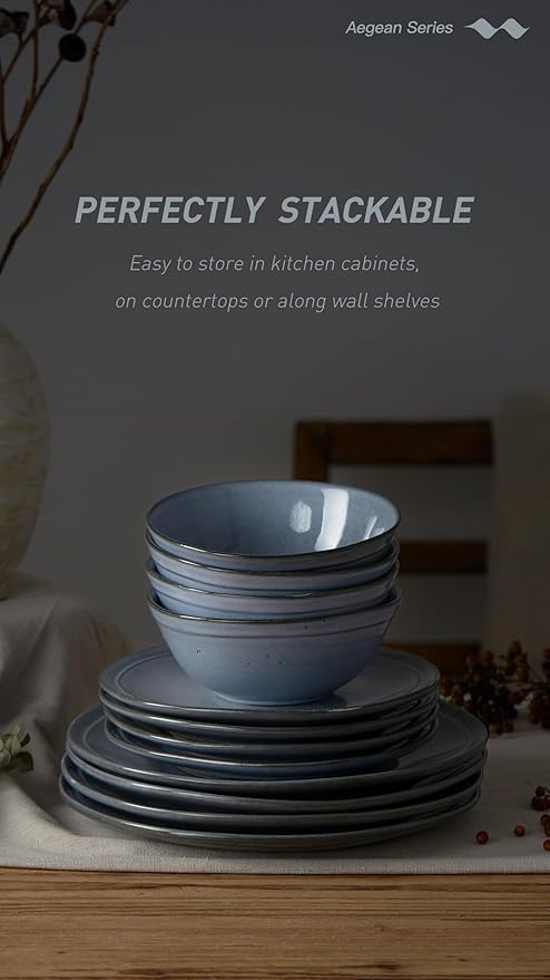 Famiware Aegean Stoneware Dinnerware Set for 4, Plates and Bowls Sets, 12-Piece Scratch-Resistant Dinner Plate Set, Handmade Irregular Round Dishes - Microwave and Dishwasher Safe, Blue Grey