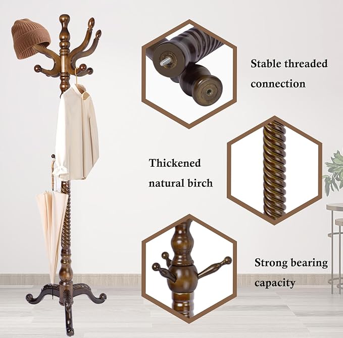 Coat Rack Stand, Solid Wooden Coat Tree with 11 Hooks, Heavy Duty Coat Rack Freestanding with Sturdy Round Base, Natural Birch Wood Coat Hanger Stand for Entryway Bedroom (brown Triangle)