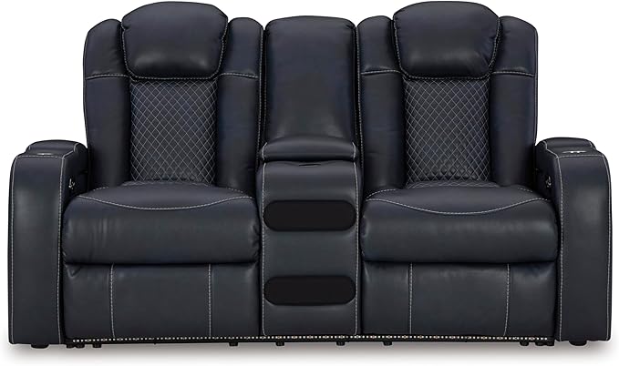 Signature Design by Ashley Fyne-Dyme Contemporary Power Reclining Loveseat with Console, USB Charging Ports and Adjustable Headrest, Blue