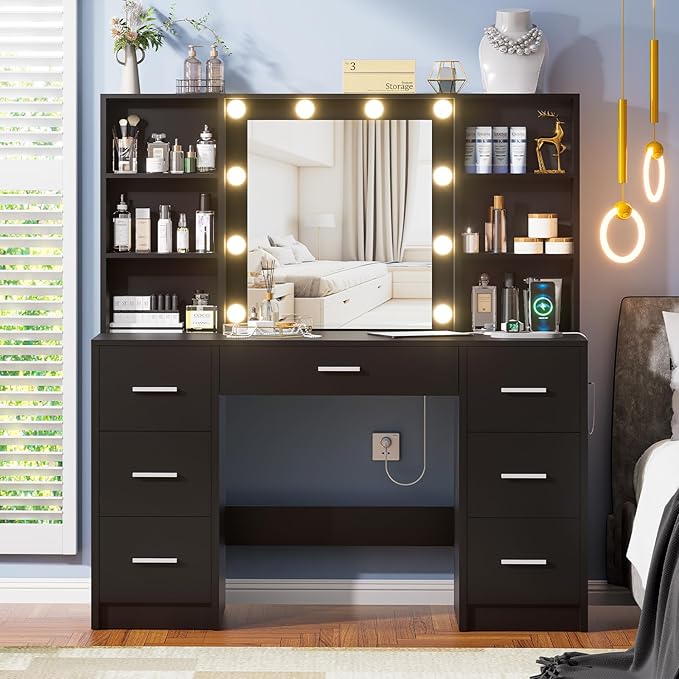 Large Vanity Desk with Mirror and 10 Lights, Makeup Vanity Table with Power Outlet, 7 Drawers and 6 Storage Shelves, Makeup Vanity Desk Dressing Table with 3 Lighting Modes for Bedroom (Black)