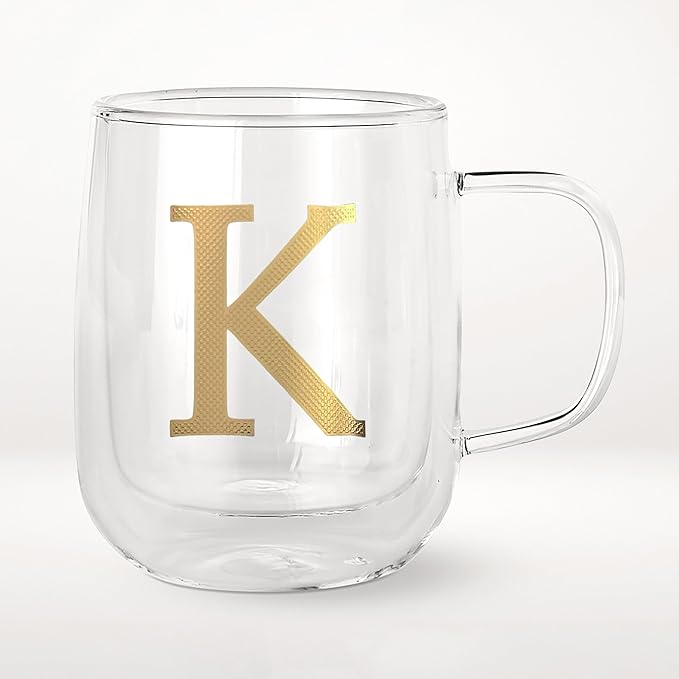 COLLECTIVE HOME - Double Walled Glass Coffee Mugs, Insulated Coffee Mug with Handle, Personalized Gifts for Women, Men, Christmas, 14 oz Monogram Cups (K)