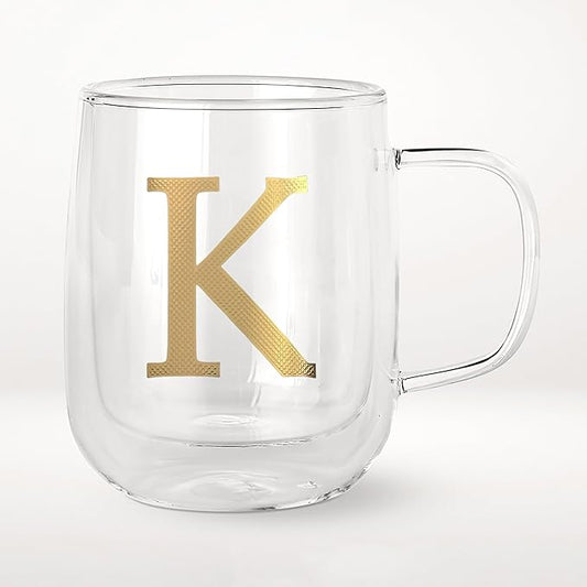 COLLECTIVE HOME - Double Walled Glass Coffee Mugs, Insulated Coffee Mug with Handle, Personalized Gifts for Women, Men, Christmas, 14 oz Monogram Cups (K)