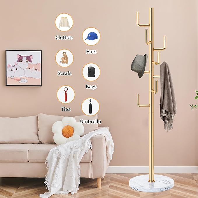 ZOZOE Metal Modern Coat Racks, Cactus Coat Rack Freestanding with Natural Marble Base, Golden Coat Rack Stand with 8 Hooks, Coat Tree Hanger Stand for Bags, Hats, Entryway, Office