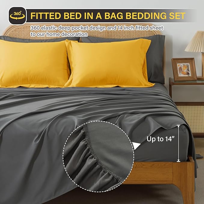 Cosybay Bed in a Bag Queen Reversible Comforter Sets 7pcs All Season Down Alternative Bedding Sets Yellow and Grey with Comforter, Pillow Shams, Flat Sheet, Fitted Sheet and Pillowcase