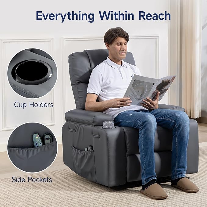 Power Lift Recliner Chair for Elderly with Massage & Heat, 160° Adjustable PU Leather Electric Recliner with Remote, Cup Holders, Side Pockets, and Stand Assist for Living Room, Bedroom (Gray)