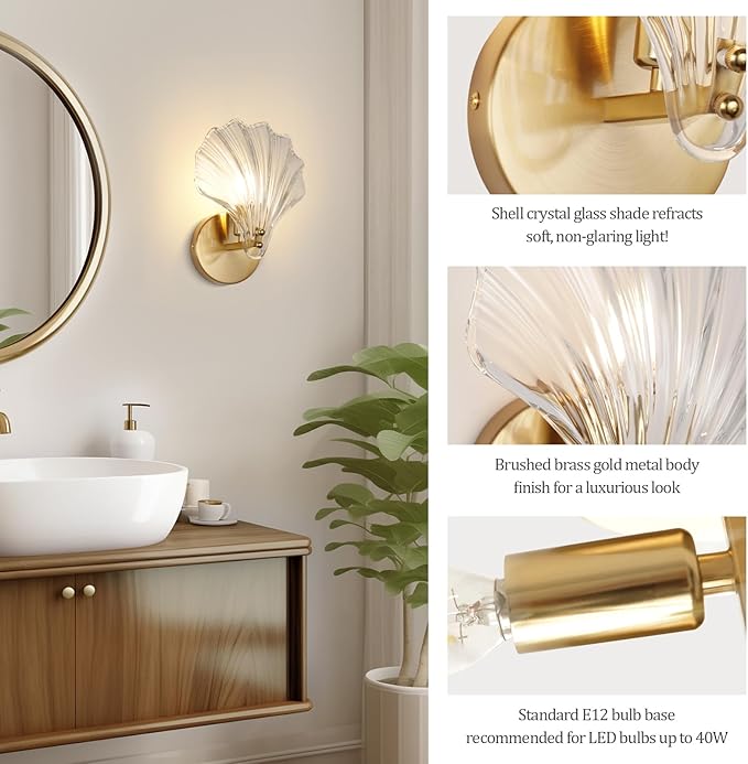 Gold Wall Sconces for Bathroom, Vanity Light Fixtures, Modern Sconces Wall Lights with Clear Shell Shaped Glass Shades, Bathroom Light Fixtures for Living Room, Bedroom, Hallway, mirror, Kitchen, E12
