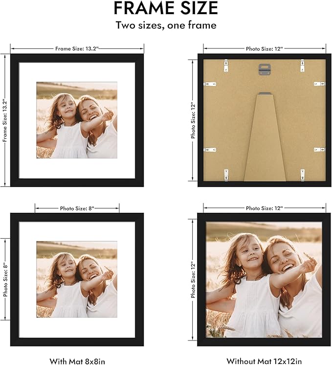 12x12 Picture Frame with Real Glass - 8x8 Wooden Frame with Mat, Horizontal and Vertical Display for Wall or Tabletop (Black, 1 Pack)