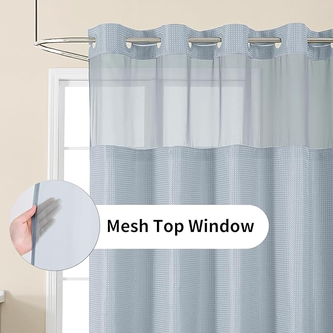 Colorful Star No Hook Shower Curtain with Snap in Fabric Liner, Waffle Weave Heavy Duty Thick Shower Curtains with Mesh Top Window, Hotel Style Waterproof Bathroom Curtain Set, 72 x 75 Inch, Fog Blue