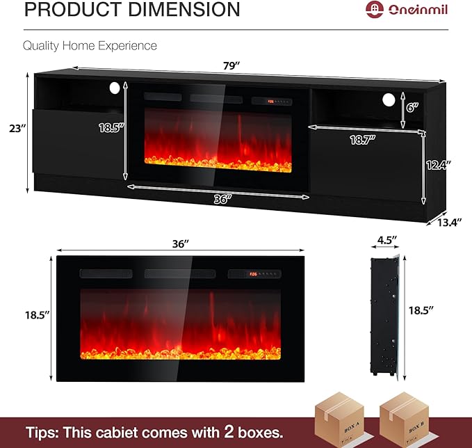 oneinmil 80” TV Stand with 36” Electric Fireplace, Large Modern Media Entertainment Center with Storage Cabinet and 12 Colors LED Lights for TVs Up to 90", Black TV Stand and Black Fireplace