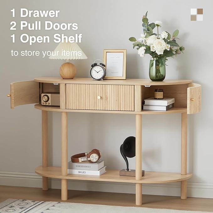 43.3“ Fluted Half Moon Console Table, Modern Entryway Console Sofa Table with Storage, Narrow Wood Accent Tables Behind Couch Tables for Living Room, Hallway, Foyer(Natural)