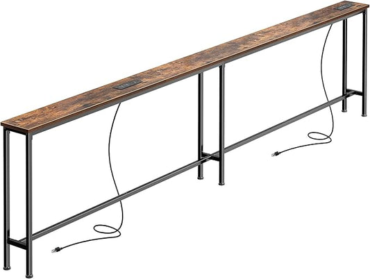 SUPERJARE 102 Inch Sofa Table with 2 Power Outlets and USB-C Ports, 5.9 Inch Narrow Console Table with Storage, Extra-Long, for Entryway Hallway Couch Behind Sofa, Small Spaces, Rustic Brown